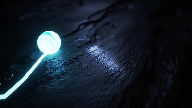Mysterious glowing orb follows a digital pathway through a dark, abstract terrain, symbolizing innovation and the future of technology