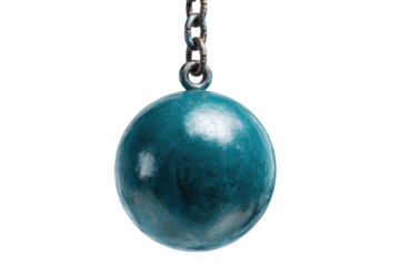 A teal-colored metal ball hangs suspended by a metal chain