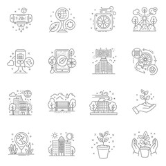 A collection of line art icons depicting various aspects of green technology, sustainable development, and environmental innovation for modern urban planning.
