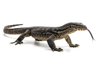 Fototapeta premium Captivating close-up of a monitor lizard showcasing its unique scales, sharp claws, and distinctive forked tongue against a clean, minimalist white background.
