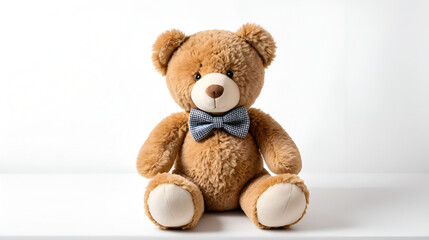 Obraz premium A soft plush teddy bear with a bow tie perfectly isolated on a clean white surface