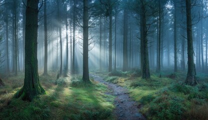 Fototapeta premium Misty sunlight streams through a dense forest, illuminating a pathway winding through the tranquil woods.