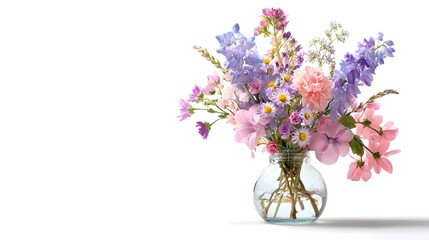 A bouquet of pastel flowers in a glass vase on a white background.