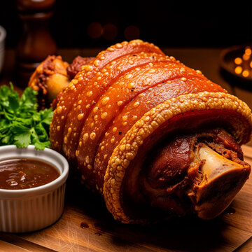  An inviting, high-contrast image of "joelho de porco," a traditional roasted pork knuckle from Santa Catarina, Brazil, with crispy skin and tender meat.
