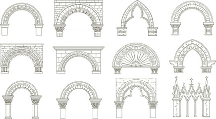 Detailed architectural arches collection, historic stone archways, medieval and gothic arch designs, classic ornamental archways, vintage doorway illustrations, ancient masonry patterns
