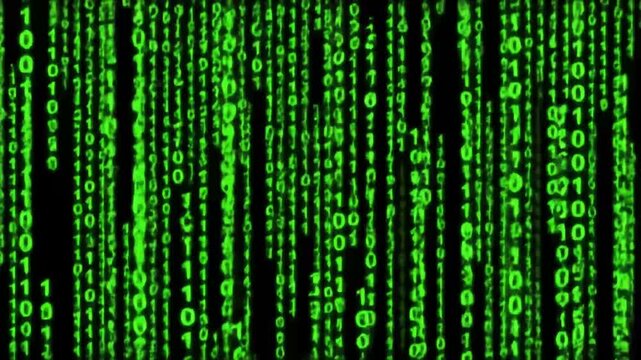 A digital rain of green binary code cascading down a dark background, symbolizing technology and data.