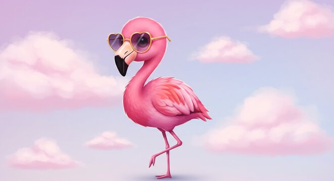 Flamand rose stylis� lunettes soleil douce lumiere pastel. AI Generated