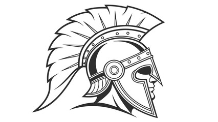 Illustration of a spartan helmet with a plume and detailed line work in black and white design style