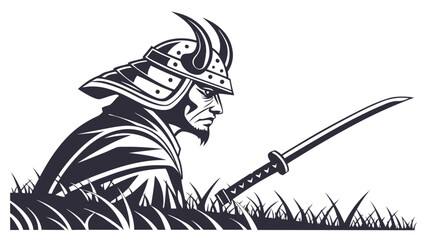 Illustration of a samurai warrior with horned helmet and katana sword in a field of grass artfully drawn