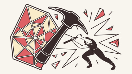A miner striking a large gem with a pickaxe creating shards and lines of impact in a stylized image