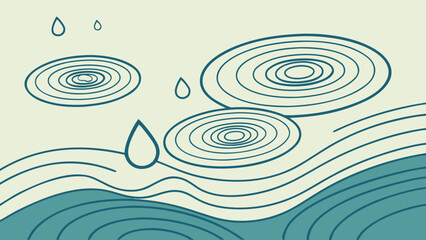 Illustration of raindrops falling into water creating ripples and waves on a light background scene