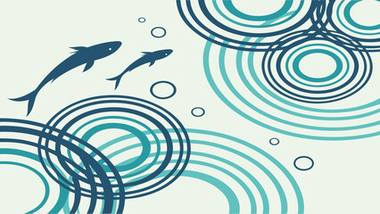 Two fish swimming among concentric circles in shades of blue and teal on a light background design art
