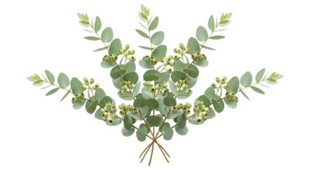 Vibrant eucalyptus leaves and round buds meticulously arranged in a fan-like pattern, celebrating natural elegance and providing a calming, organic aesthetic