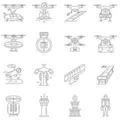 Collection of outline icons showcasing various drone designs, air traffic control, and related transportation elements against a clean white backdrop, ideal for tech illustrations.