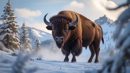 Majestic american bison standing proudly in a snowy winter landscape