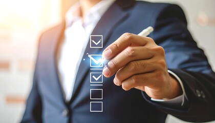 Naklejka premium A suited person, hand extended, selects check boxes with a pen, symbolizing tasks, choices, and decisions