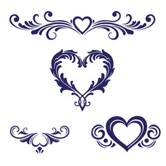 Elegant vector elements featuring floral hearts and decorative flourishes in dark blue
