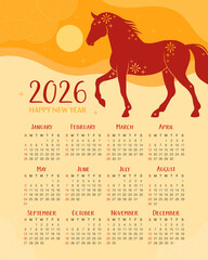 Calendar 2026. 12 months, starting from Sunday. Paper applique, red horse on a yellow background. New Year of the Horse, Lunar New Year or Chinese New Year.