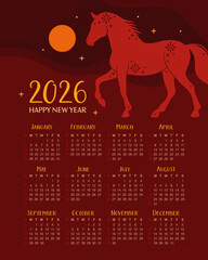 Calendar 2026. 12 months, starting from Sunday. Paper applique, red horse on a dark background. New Year of the Horse, Lunar New Year or Chinese New Year.
