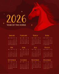 Calendar 2026. 12 months, starting from Sunday. New Year of the Horse, Lunar New Year or Chinese New Year. Red fiery horse on a dark red background. Horse head.