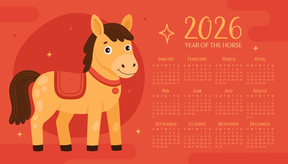 Obraz premium Calendar 2026. 12 months, starting from Sunday. Cute yellow horse on red background. New Year of the Horse, Lunar New Year or Chinese New Year.
