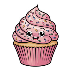 Pink vector illustration of a sweet dessert cupcake with a cherry on top