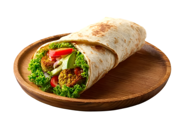 A delicious wrap filled with fresh lettuce, tomatoes, and falafel, served on a wooden plate, perfect for a healthy meal.