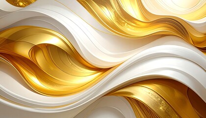 Abstract fluid art undulating white and golden layers, glossy surfaces create a dynamic, luminous design