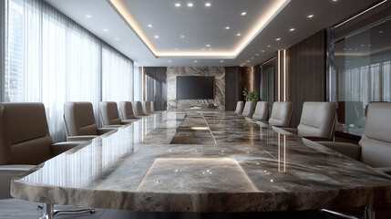 Sophisticated boardroom showcasing long marble table and contemporary design elements