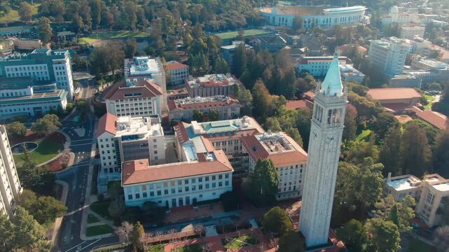 Aerial view of UC Berkeley's iconic Campanile clock tower and campus buildings, showcasing the university's architecture and urban setting in California, USA.