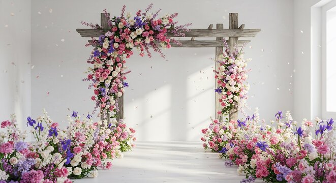 Arche rustique fleurie soleil doux mariage romantique. AI Generated