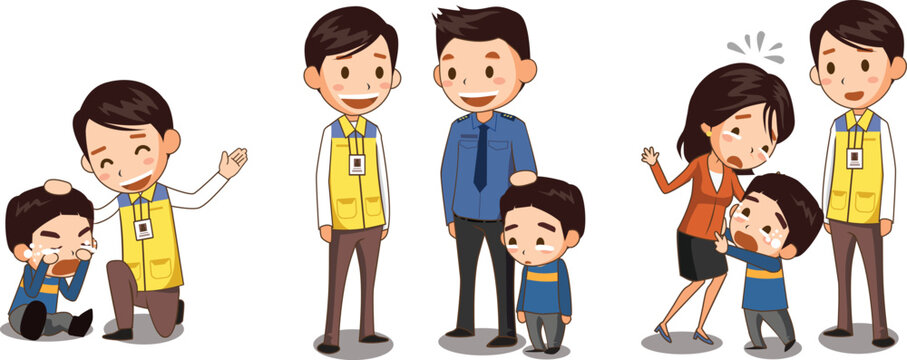 Safety officer helping a lost child &ndash; comforting, handing over to police, and reuniting with guardian, vector illustration set