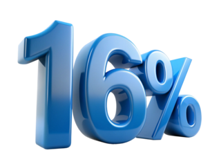 3d icon of sixteen percent in blue isolated on transparent background, glossy 3d render