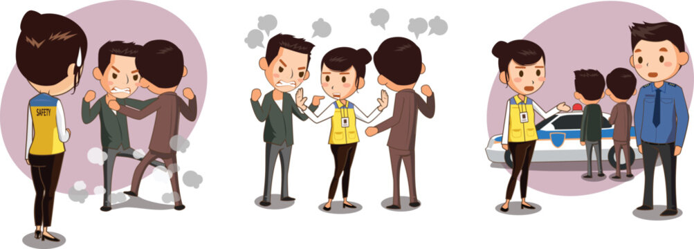 Safety officer mediating and resolving conflict, with police assistance &ndash; observing, intervening, and handover, vector illustration set