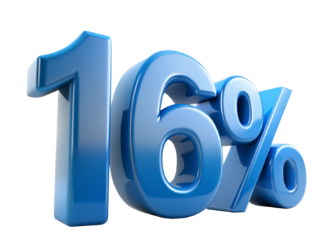 3d icon of sixteen percent in blue isolated on transparent background, glossy 3d render