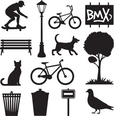 Obraz premium Silhouette Icons Of Urban Park Elements And Animals skateboarder skateboard