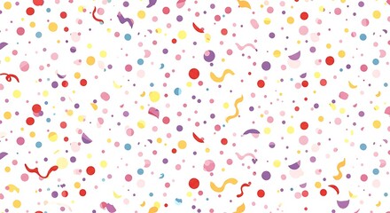 A seamless pattern of colorful confetti dots and strips for celebration art, on a plain white background
