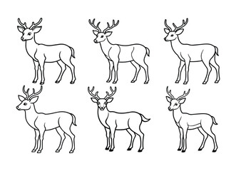 Set of deer line art, black outline, coloring book page vector illustration