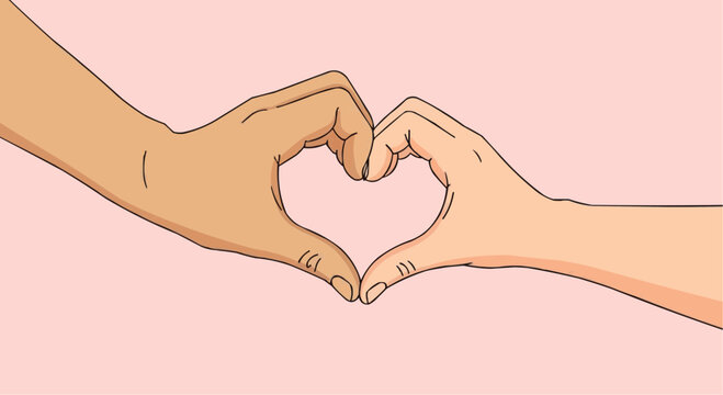 Two hands forming a heart shape, symbolizing love, affection, and unity, on a pink background.