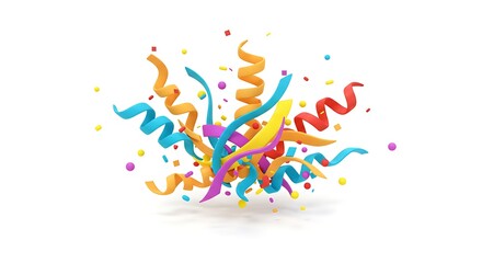 Obraz premium A isometric confetti art piece with ribbons and paper strips in vibrant colors, centered on a clean white background 