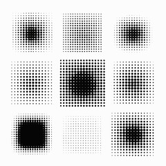 Collection of nine square halftone dot patterns with varying gradients and densities on a white background, showcasing abstract graphic design elements.