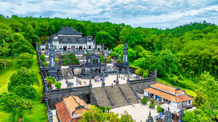 Fototapeta premium Aerial view of the beautiful Royal Tomb of Khai Dinh King, Hue city, Vietnam. The most beautiful tomb of the kings. A UNESCO World Heritage Site