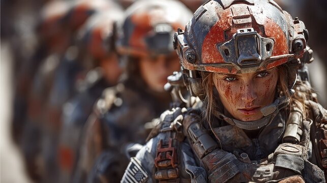 Female soldier in tactical gear ready for mission in a gritty environment during a military operation at dawn