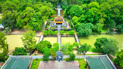 Aerial view of the beautiful Royal Tomb of Minh Mang King, Hue city, Vietnam. The most beautiful tomb of the kings. A UNESCO World Heritage Site