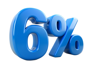 3d icon of blue six percent isolated on transparent background for finance and business
