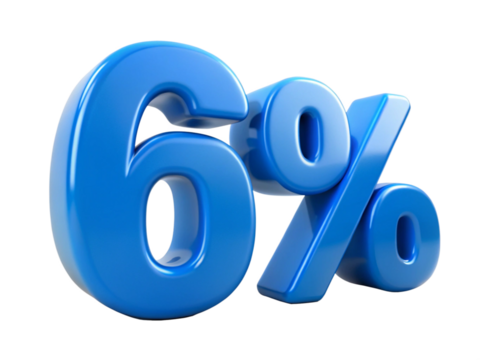 3d icon of blue six percent isolated on transparent background for finance and business