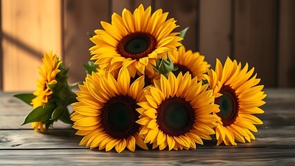 Rustic wooden table showcasing a vibrant sunflower arrangement under warm lighting.