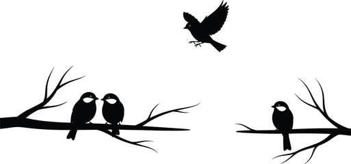 Bird silhouette vector, flying and perched birds, bare tree branches, nature composition, wildlife posture illustration, minimal avian design, seasonal concept artwork