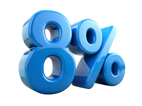 3d icon of glossy blue eight percent sign isolated on transparent background for sale concept