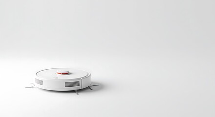 A modern white circular robotic vacuum cleaner with cleaning brushes isolated on a plain white studio background representing automated home technology